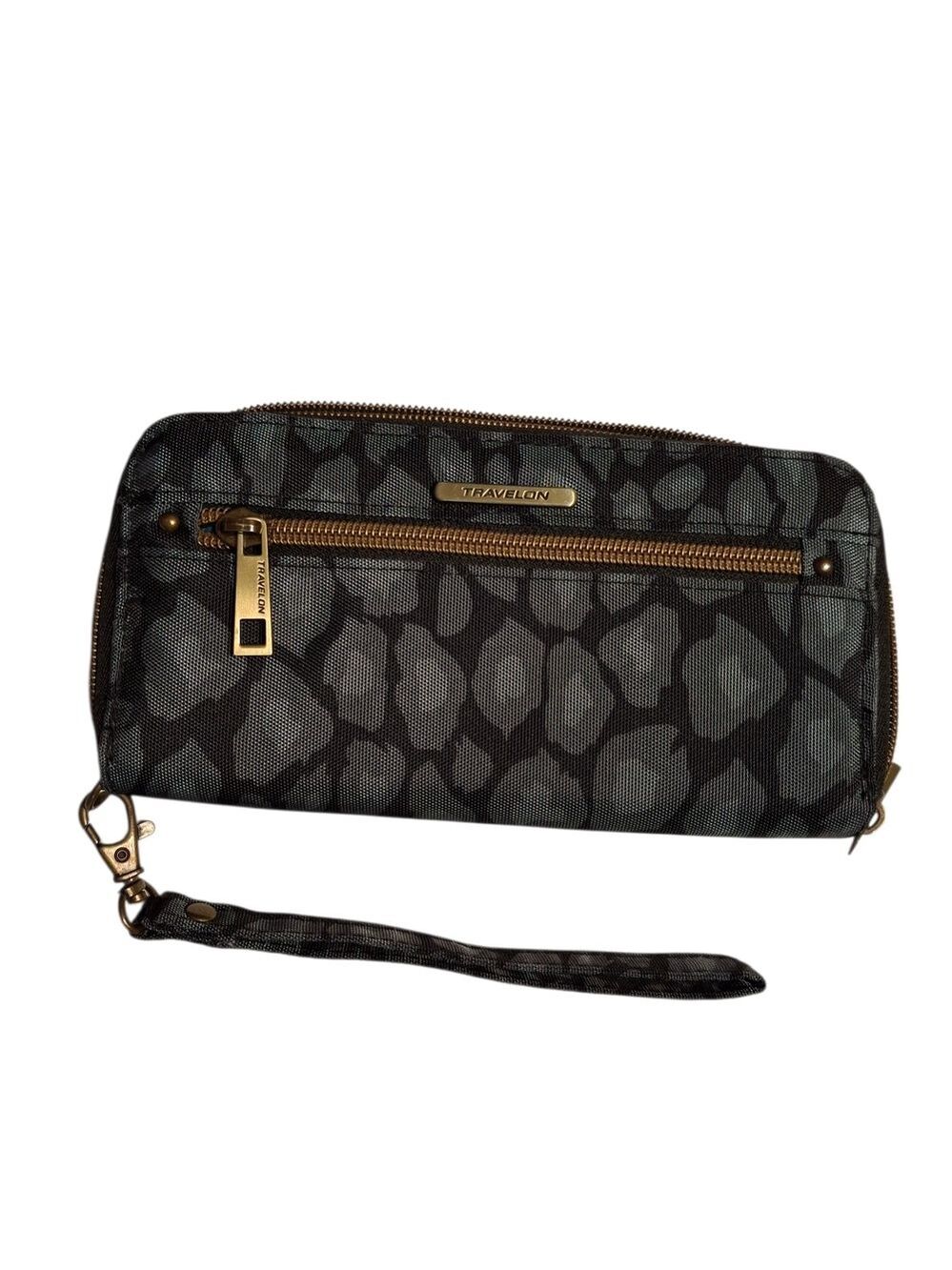 Travelon Black Gray Animal Print RFID Nylon Wristlet Wallet